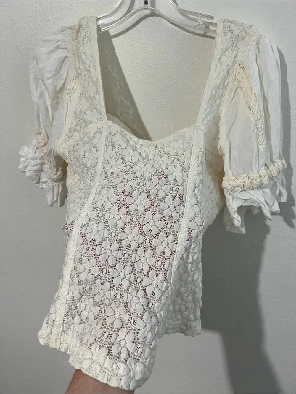 Free People Ivory Lace Square-Neck Puff Sleeve Top